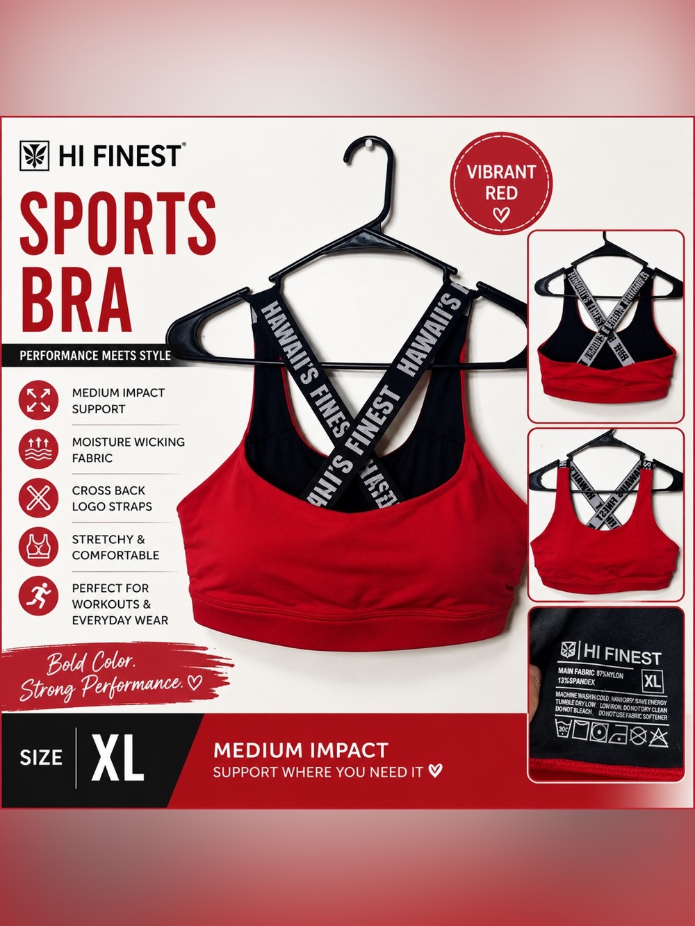 Vibrant Red Medium-Impact Sports Bra with Cross-Back Logo Straps